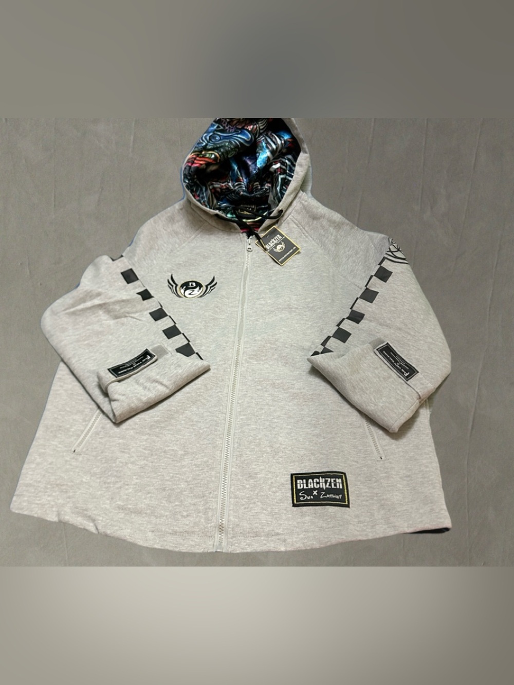 BLACKZEN Black Light Gray Zip-Up Hoodie Jacket with Patterned Hood S